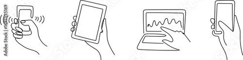 Hand holding smartphone, tablet, and laptop, digital device interaction, technology use, touchscreen gesture icons, communication, internet, mobile app, wireless network, user interface illustration