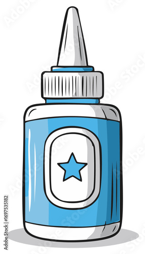Blue Glue Bottle Illustration with Star Emblem and White Cap for Arts and Crafts Projects