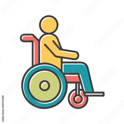 Stylized illustration of a person in a wheelchair, symbolizing mobility, accessibility, and assistance for individuals with disabilities