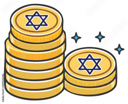 Stacks of gold coins featuring the Star of David symbol glowing with sparkle elements