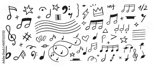 Music notes hand drawn doodle vector illustration set. Freehand sketch melody symbol elements.