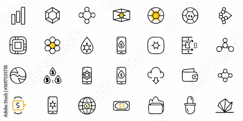 Collection of various financial and scientific icons arranged in a grid like pattern display style