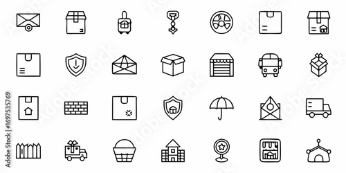 Collection of line art icons representing shipping, delivery, and related business elements in simple style
