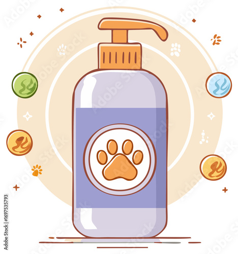 Cartoon illustration of a pet shampoo bottle with paw print icon.