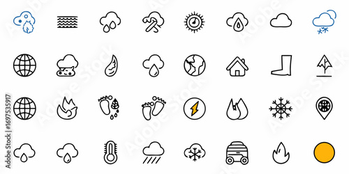 Collection of weather and environmental icons including clouds rain sun earth and temperature indicators shown