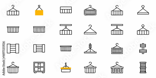 Collection of twenty four container icons and twenty four related icons in a simple line art style