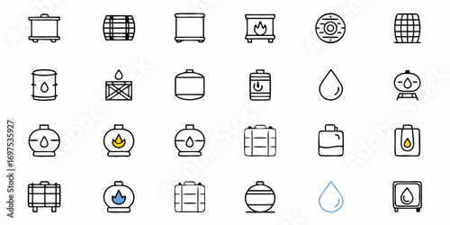 Illustration of various containers and tanks for liquids and fuels in a minimalist style drawing