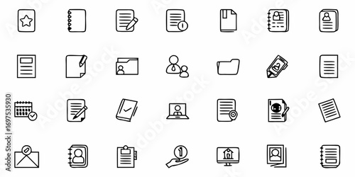 Collection of various office and business icons including documents, contacts, and communication tools