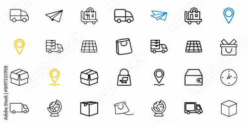 Illustration of delivery and logistics icons including trucks boxes and location pins in a grid pattern