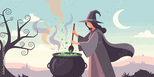 Witch stirring bubbling cauldron under moonlight in spooky landscape, creating magic potion with mystical atmosphere for halloween season.