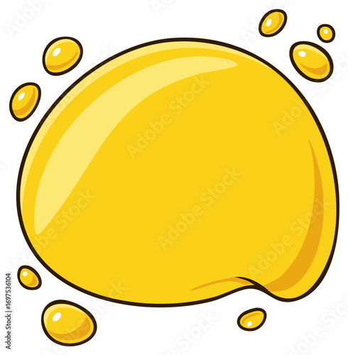 Cartoon golden blob with small fluid droplets, vector honey or oil splash, shiny liquid form shape, abstract design.