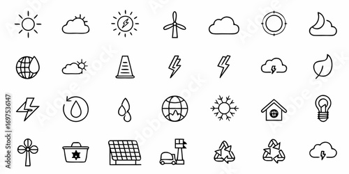 Illustration of renewable energy and environmental icons including sun cloud wind and other energy sources