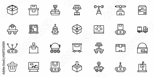 A collection of twenty seven different line art style icons depicting boxes robots and transportation items