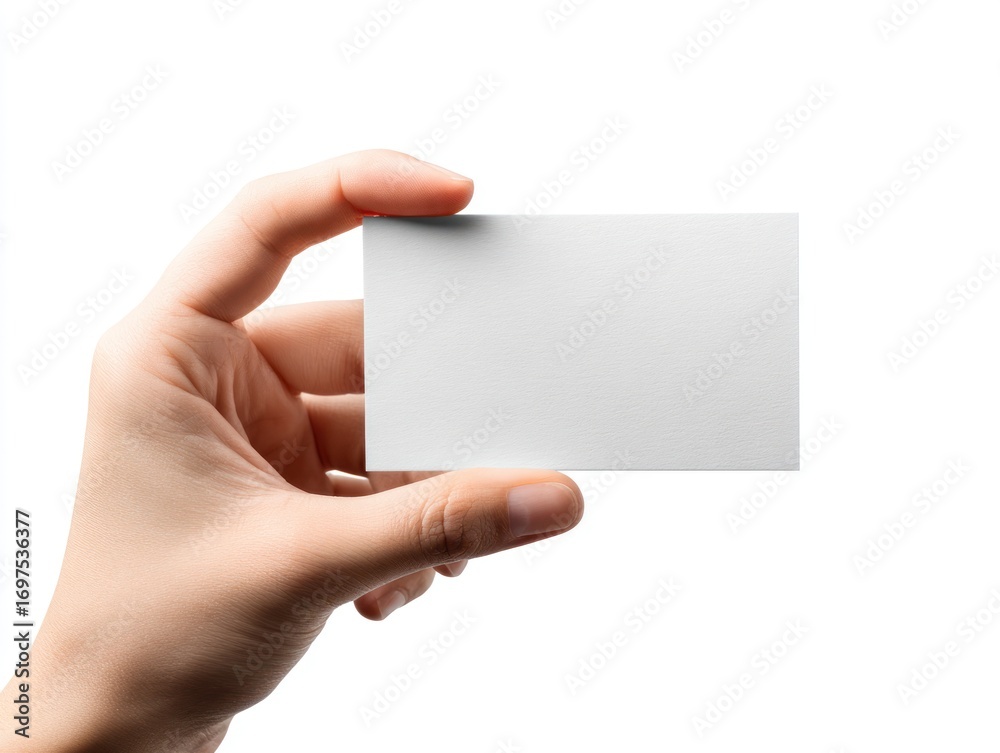 Obraz premium Hand holds a blank, white card on a white background, angled slightly, in a bright, clean composition