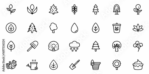 Collection of various nature related icons including trees plants and gardening tools in outline style