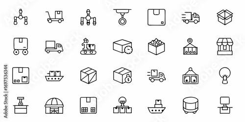 An array of logistics and delivery icons including boxes trucks ships and warehouse equipment in black outline