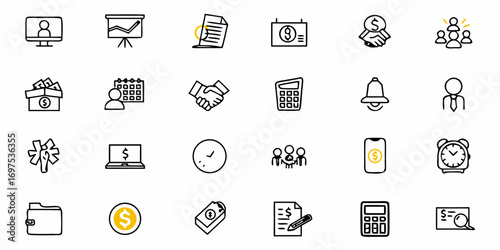 Illustration of business icons including meeting, finance, time management and communication symbols set up