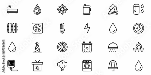 Illustration of various energy and utility icons including water, heat, and electricity symbols set design
