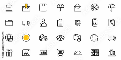 Collection of logistics and business icons featuring delivery and retail elements in a simple line art style