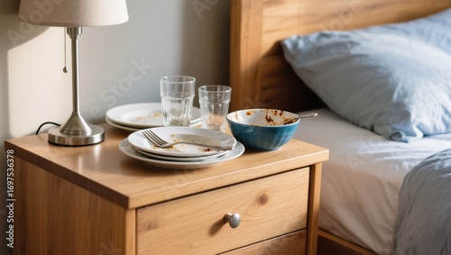 Messy Bedside Table With Dirty Dishes and Bowls Next to Unmade Bed in a Cozy Bedroom Setting