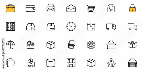 Illustration of various e commerce and business related icons including shipping and shopping elements shown