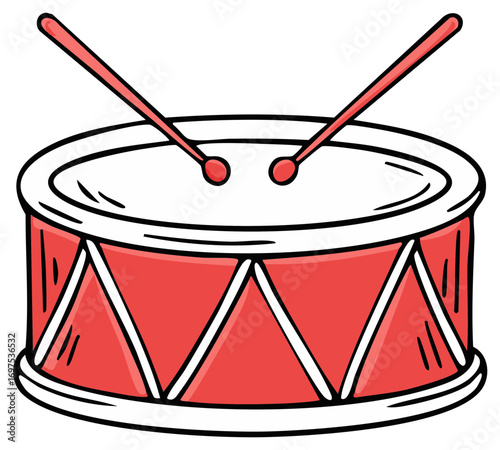 Red Drum with Drumsticks Cartoon Illustration for Rhythmic Sound and Musical Expression Fun Instrument