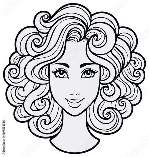 Stylized illustration of a woman's face with voluminous curly hair