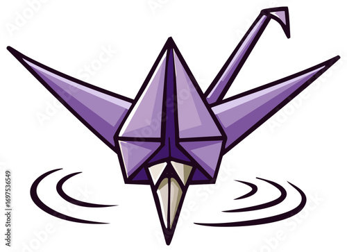 Purple origami paper crane illustration floating on water with ripples