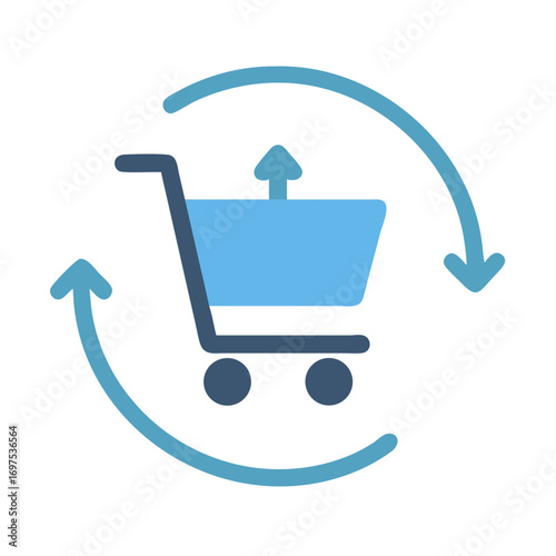 Blue shopping cart with circular arrows on black background
