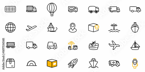 Illustration showcasing various transportation and shipping icons in a minimalist style design set up