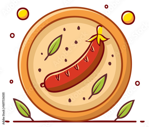 Stylized cartoon image of a plump sausage with leaves and circles on a plate