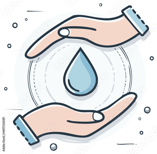 Hands protect water drop with care and conservation symbol