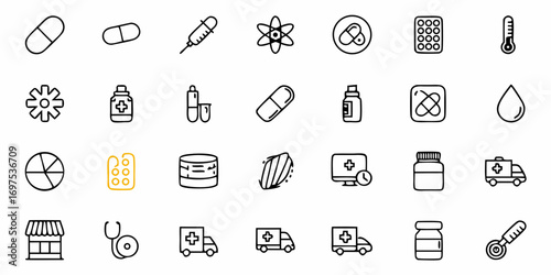 Collection of medical icons featuring pills, ambulance, and other healthcare related symbols in black