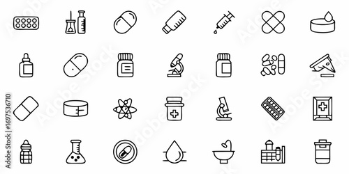 Collection of medical and scientific icons featuring pills, equipment, and laboratory supplies displayed