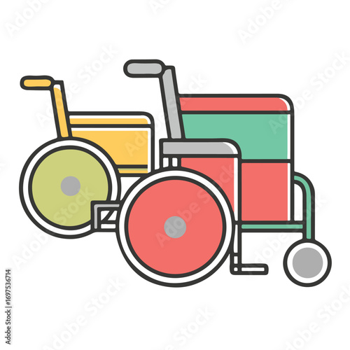 Two colorful wheelchairs, one yellow and one red and green, side by side, symbolizing mobility and assistance for people with disabilities