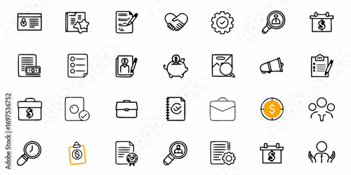 Collection of business and finance icons in black outline style representing various concepts and elements
