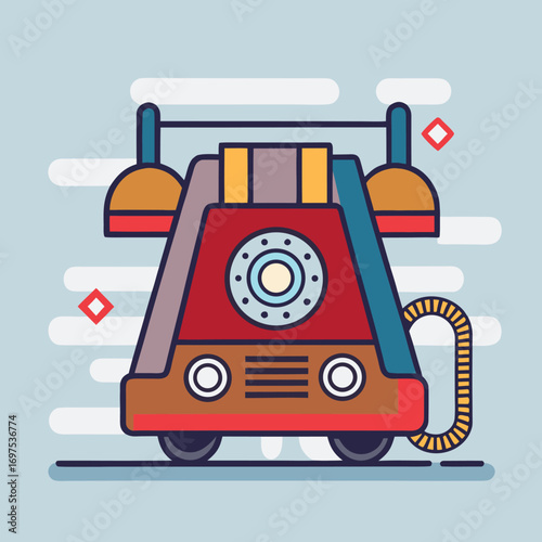 Retro red rotary phone illustration with modern geometric accents