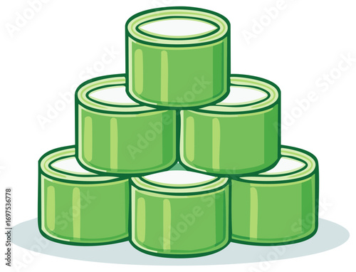 Bright Green Cylindrical Cans Neatly Stacked in a Pyramid Shape Cartoon Vector