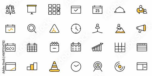 Collection of business planning and management icons including calendar graph and presentation board