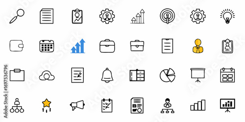Collection of business and office icons representing various aspects of work and management tasks and symbols