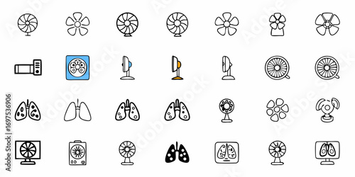 A collection of fan and lung illustrations displayed in a grid pattern on a white background image format
