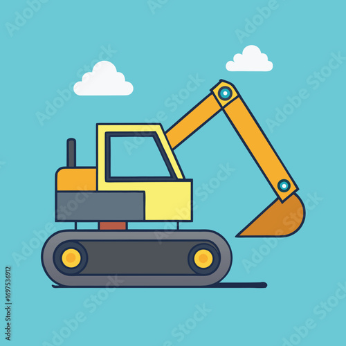 Cartoon excavator machine digging with clouds in the sky