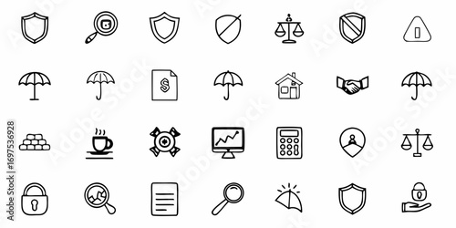 Collection of various outline icons representing finance security and business related concepts and elements