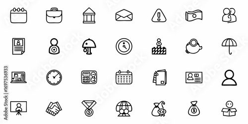 A collection of business and finance themed outline icons arranged in a grid pattern on a white background