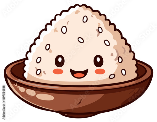 Smiling bowl of rice with cute kawaii face illustration