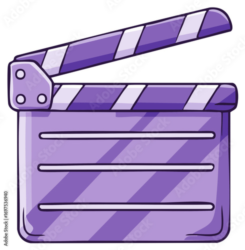 Purple cartoon clapperboard for movie making, film industry, and media production.