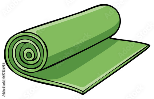 Simple cartoon illustration of a green rolled yoga mat for exercise and fitness