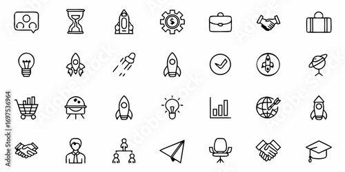 Collection of business and startup icons including rockets, handshake, and graph in black and white style