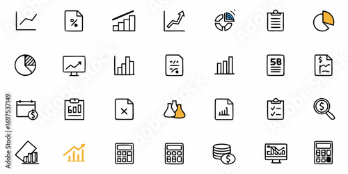 Collection of business and finance icons including graphs charts calculators and documents in doodle style