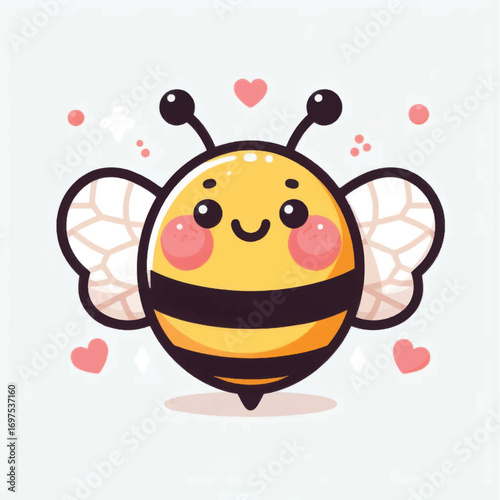Cute cartoon bee with pink cheeks and heart decorations.